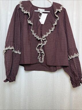 NWT Caroline Constas Burgundy Plaid Ruffle Lace Trim Blouse